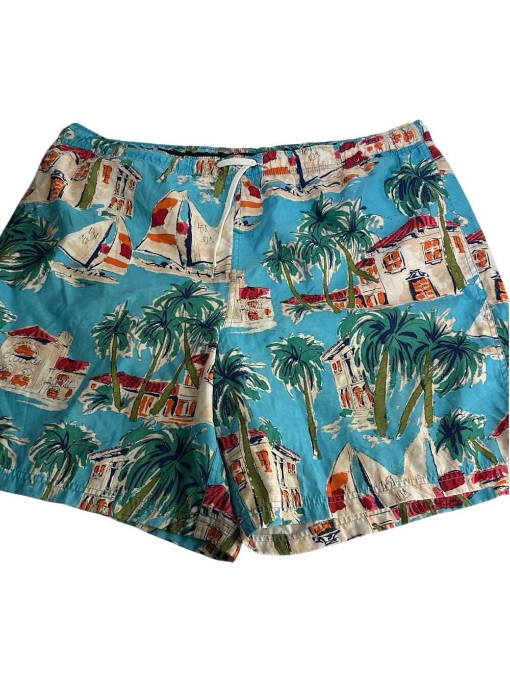 Nautica Men's Size XXL Blue Tropical Palm Tree Sailboat Print Swim Trunks